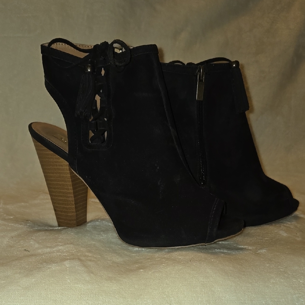 Women's Black Peep-Toe Heeled Booties
